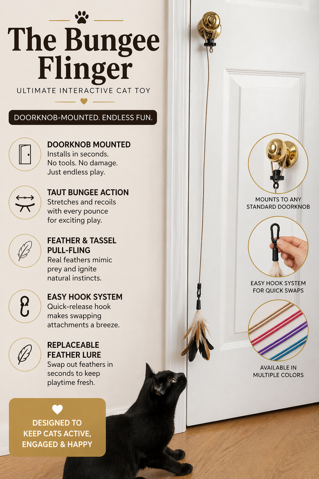 Bungee Flinger™ Interactive Cat Toy | Door Mounted Cat Toy | Elastic Bungee Cat Toy | Replaceable Feather Toy | Indoor Cat Enrichment