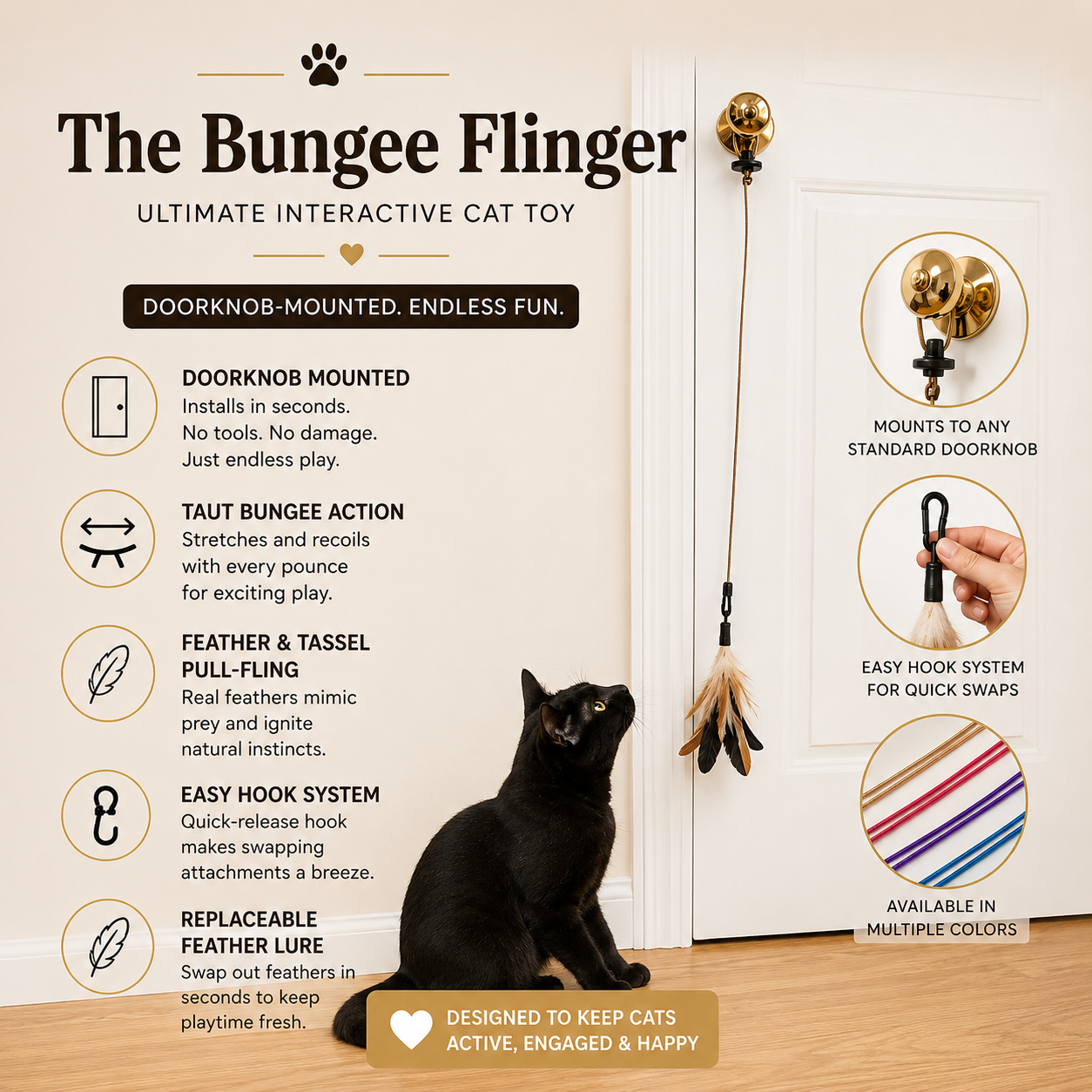 Bungee Flinger™ Interactive Cat Toy | Door Mounted Cat Toy | Elastic Bungee Cat Toy | Replaceable Feather Toy | Indoor Cat Enrichment
